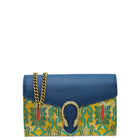 Gucci Navy Blue Multicolor Metallic Brocade Mini Dionysus Chain Wallet