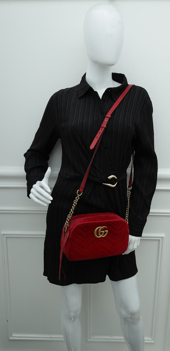 Gucci Red Velvet GG Marmont Small Camera Shoulder Bag