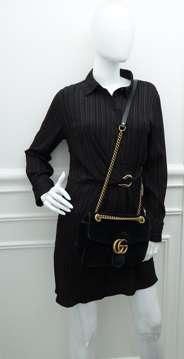 Gucci Black GG Marmont Velvet Small Shoulder Bag