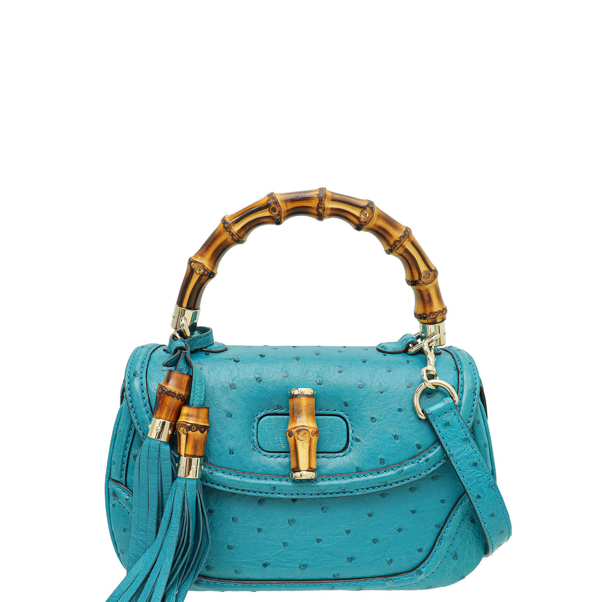 Gucci Turquoise Ostrich Tassel New Bamboo Medium Top Handle Bag