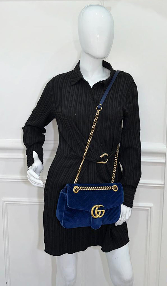 Gucci Navy Blue GG Marmont Velvet Small Shoulder Bag