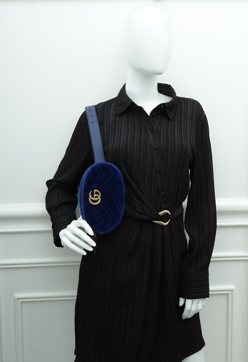 Gucci Navy Blue Velvet GG Marmont Mini Belt Bag