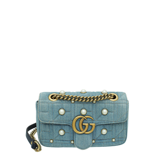 Gucci Blue GG Denim Marmont Pearl Mini Shoulder Bag