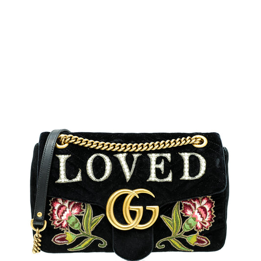 Gucci Black Multicolor Velvet "LOVED" Floral Embroidered GG Marmont Medium Bag