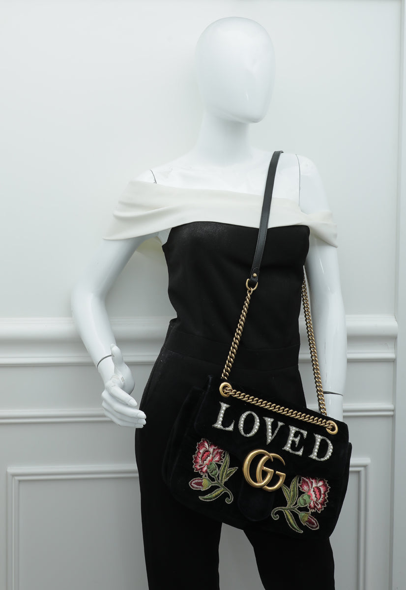 Gucci Black Multicolor Velvet "LOVED" Floral Embroidered GG Marmont Medium Bag