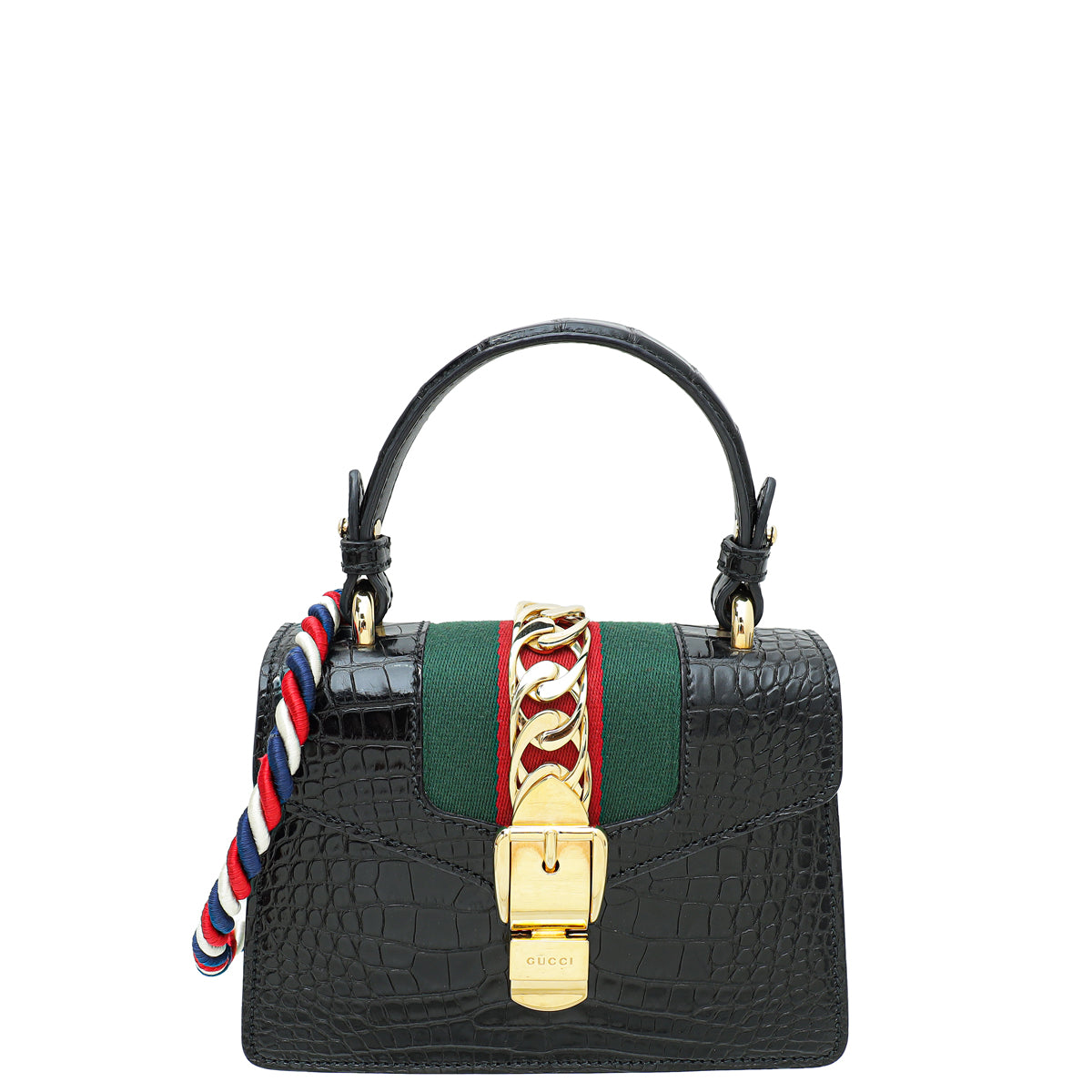 Gucci Shiny Black Alligator Sylvie Mini Top Handle Bag