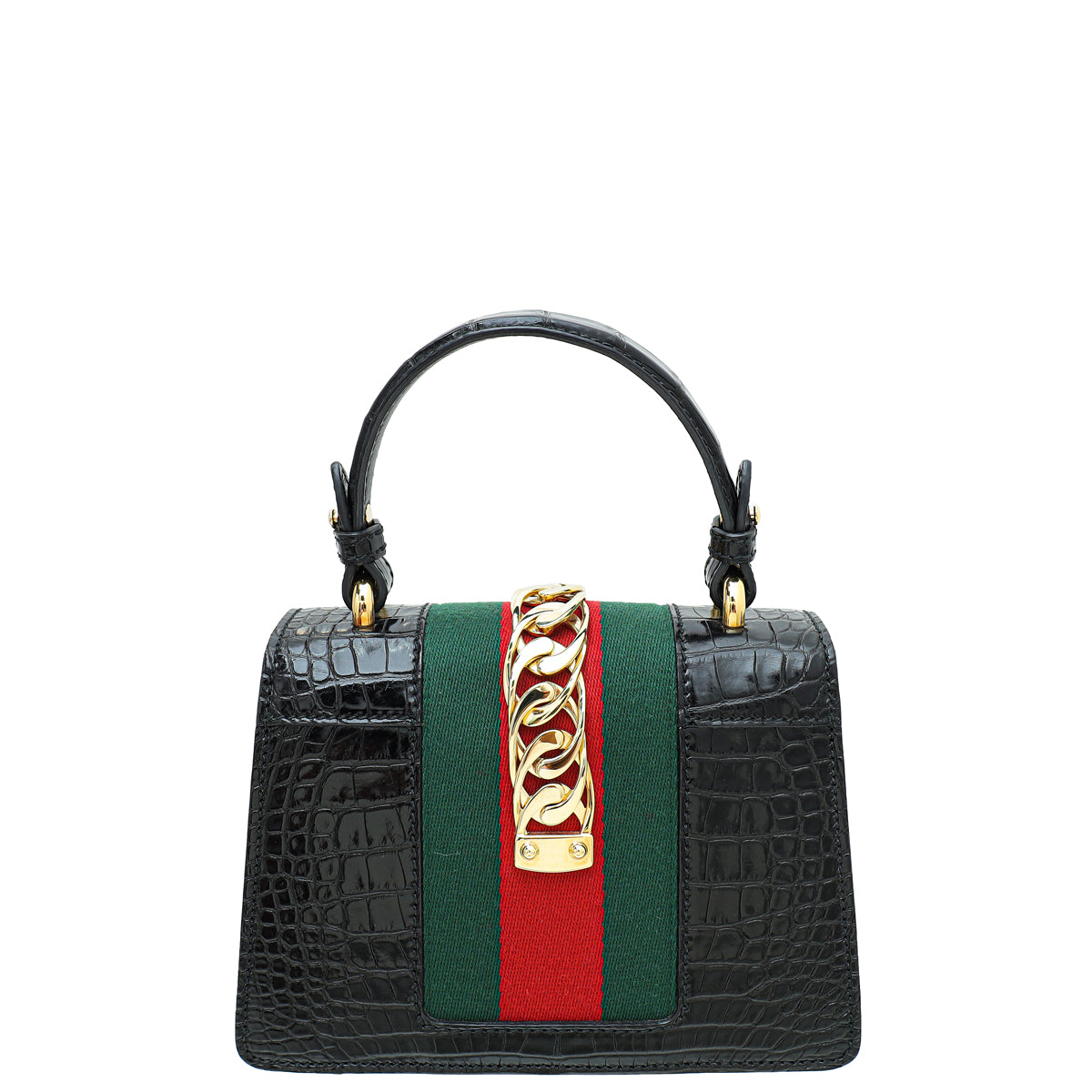 Gucci Shiny Black Alligator Sylvie Mini Top Handle Bag