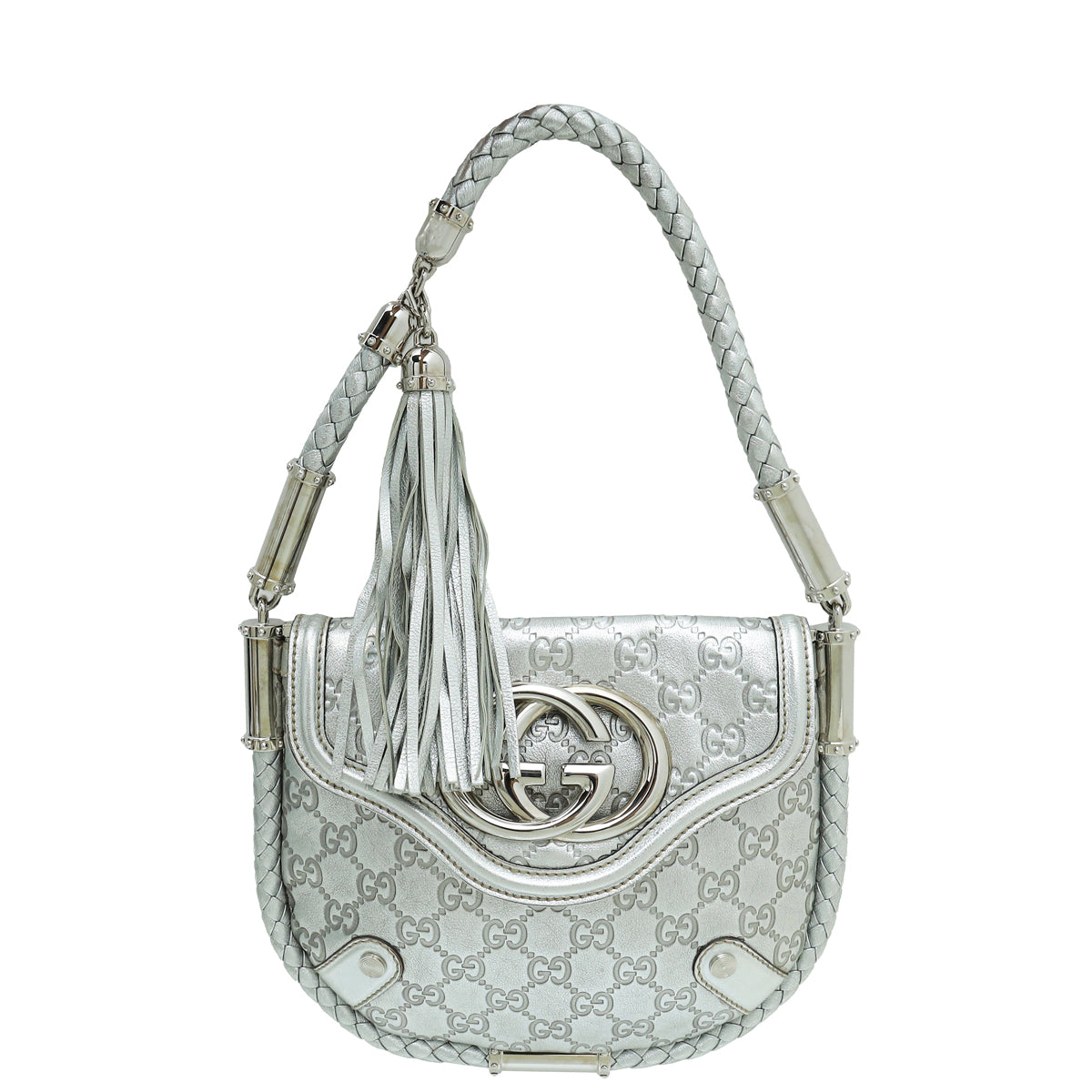 Gucci Metallic Silver Guccissima Britt Tassel Small Bag