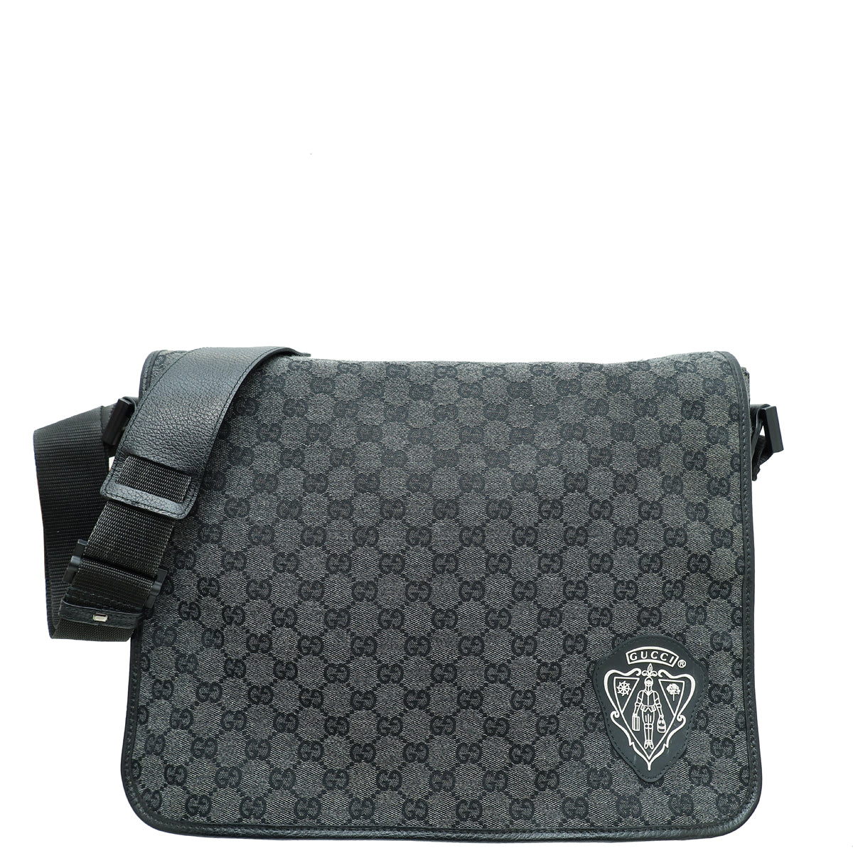 Gucci Black Denim GG Hysteria Double Buckle Flap Messenger Bag