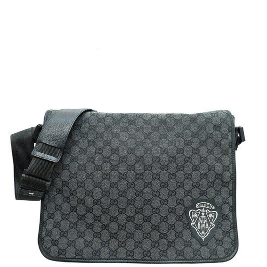 Gucci Black Denim GG Hysteria Double Buckle Flap Messenger Bag