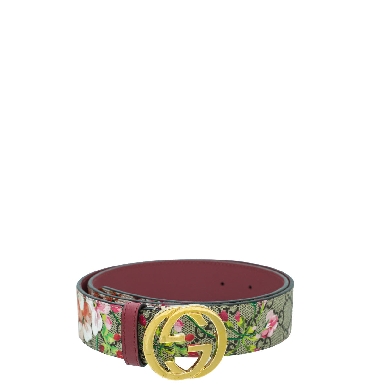 Gucci Dusty Pink Multicolor Double G Blooms Print Belt 36