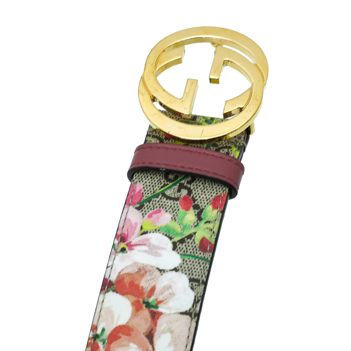 Gucci Dusty Pink Multicolor Double G Blooms Print Belt 36