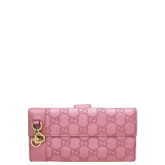 Gucci Metallic Pink Guccissima Heart Charm Continental Wallet