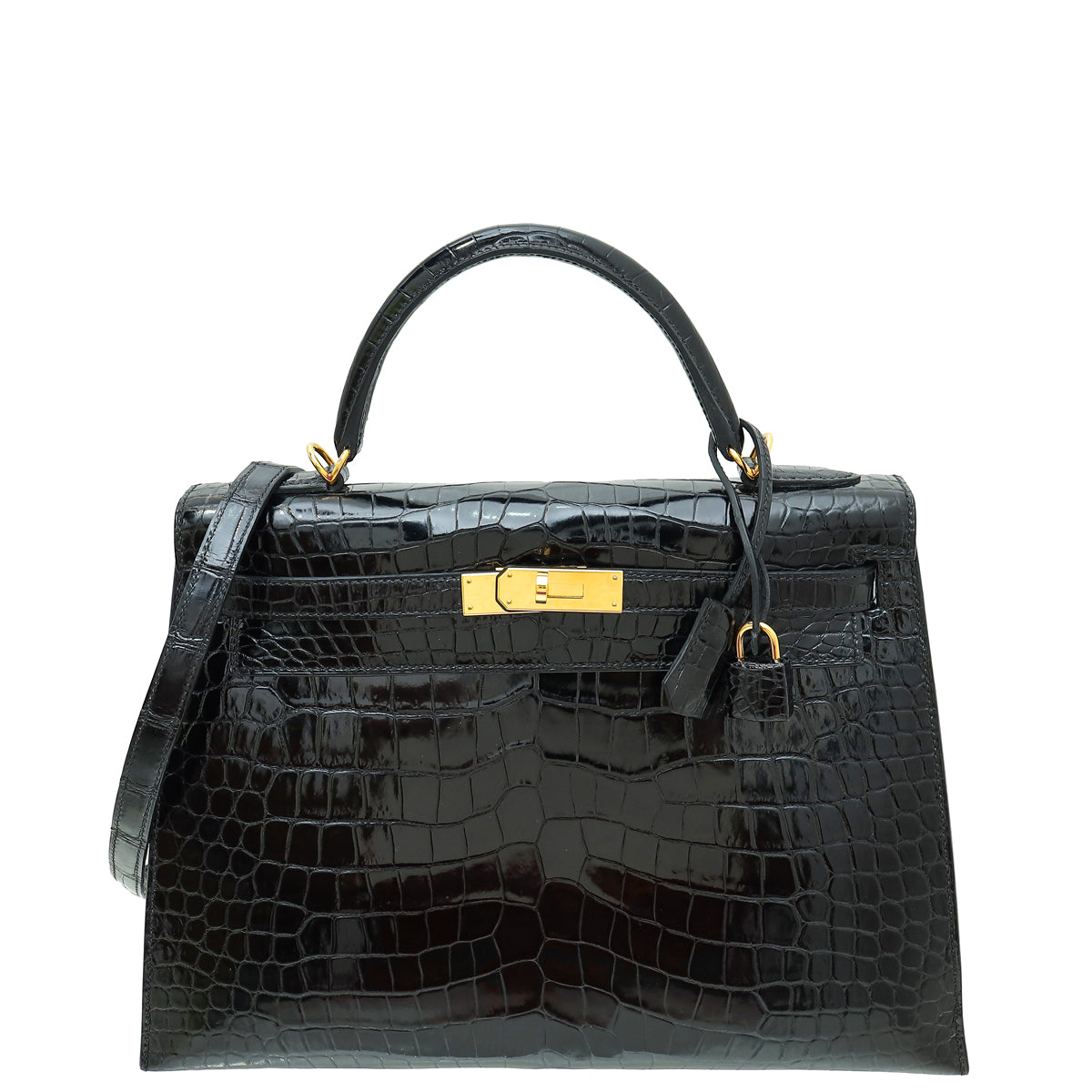 Hermes Noir Shiny Porosus Crocodile Sellier Kelly 32 Bag