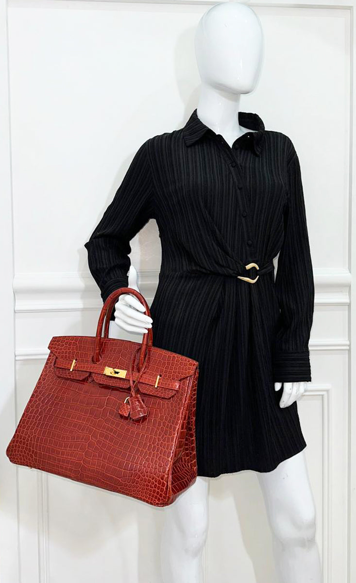 Hermes Lisse Rouge H Shiny Crocodile Porosus Birkin 35 Bag