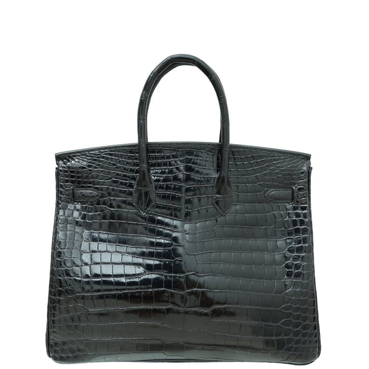 Hermes Noir Shiny Crocodile Porosus Birkin 35 Bag