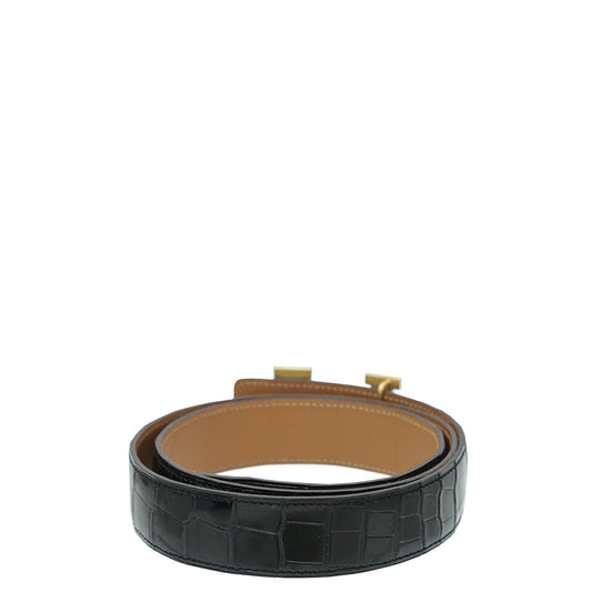 Hermes Noir Shiny Crocodile Porosus H Belt