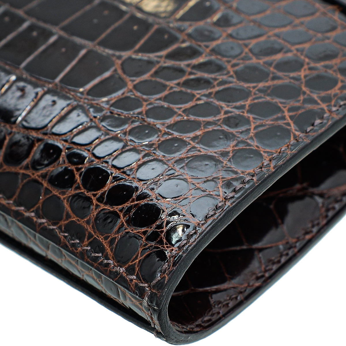 Hermes Havane Crocodile Porosus Diamond Kelly Classic 18K Gold Wallet