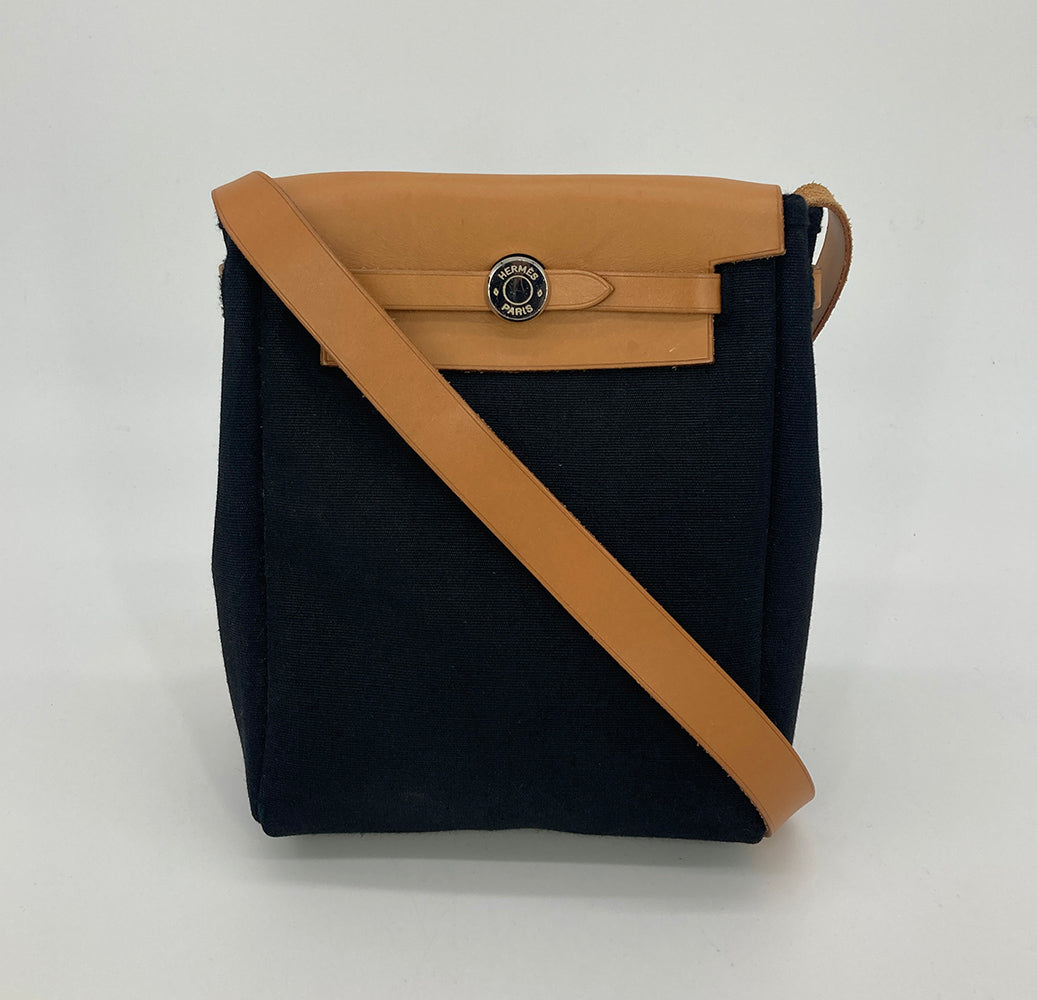 Hermes Herbag Tpm Mini Black and Beige Sangles Canvas