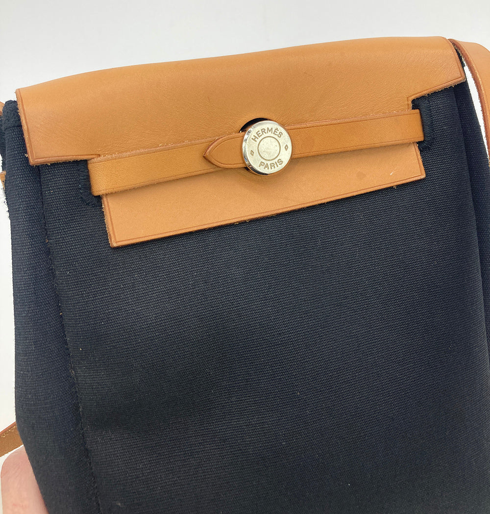 Hermes Herbag Tpm Mini Black and Beige Sangles Canvas