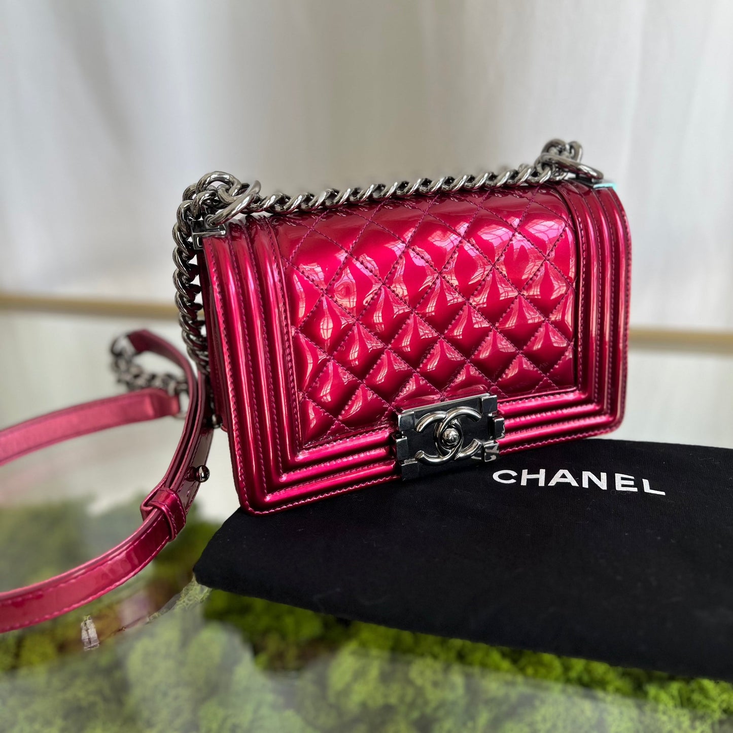 CHANEL Chanel Boy Small Pink Metallic Leather Shoulder Bag