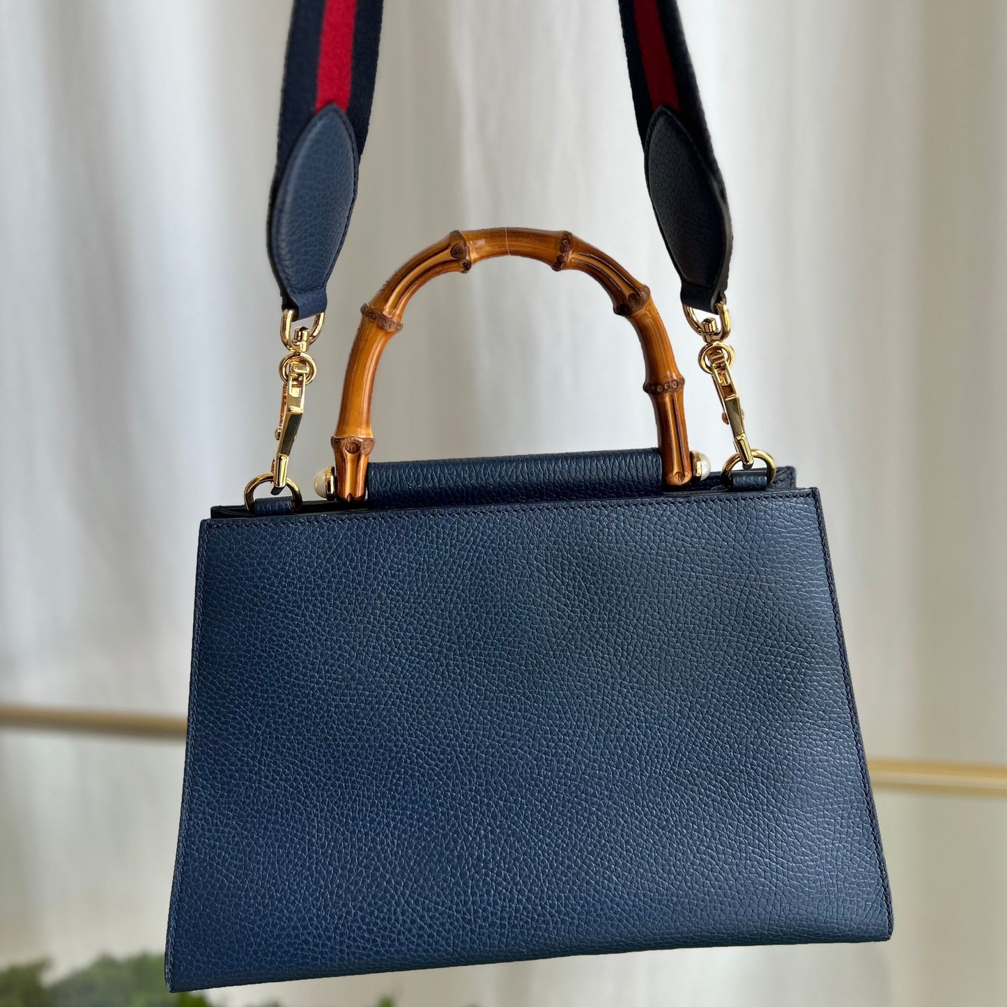 GUCCI Navy Blue Leather Nymphaea Top Handle Satchel