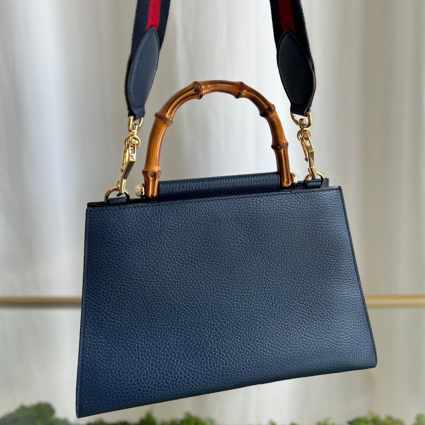 GUCCI Navy Blue Leather Nymphaea Top Handle Satchel