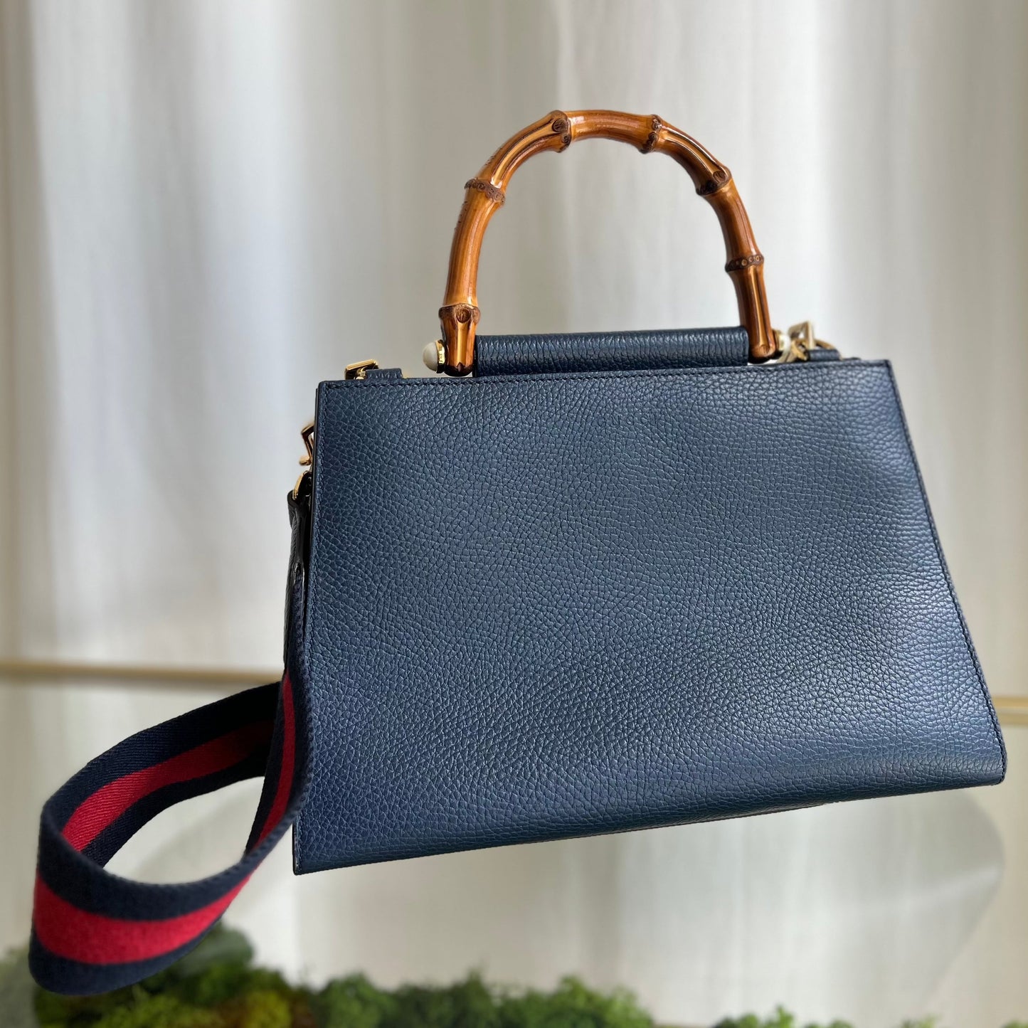 GUCCI Navy Blue Leather Nymphaea Top Handle Satchel