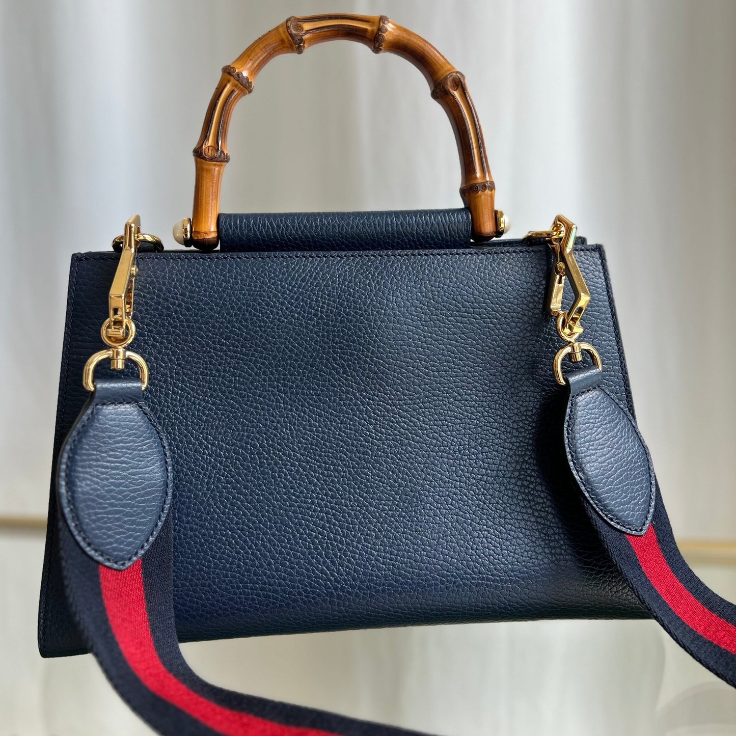 GUCCI Navy Blue Leather Nymphaea Top Handle Satchel