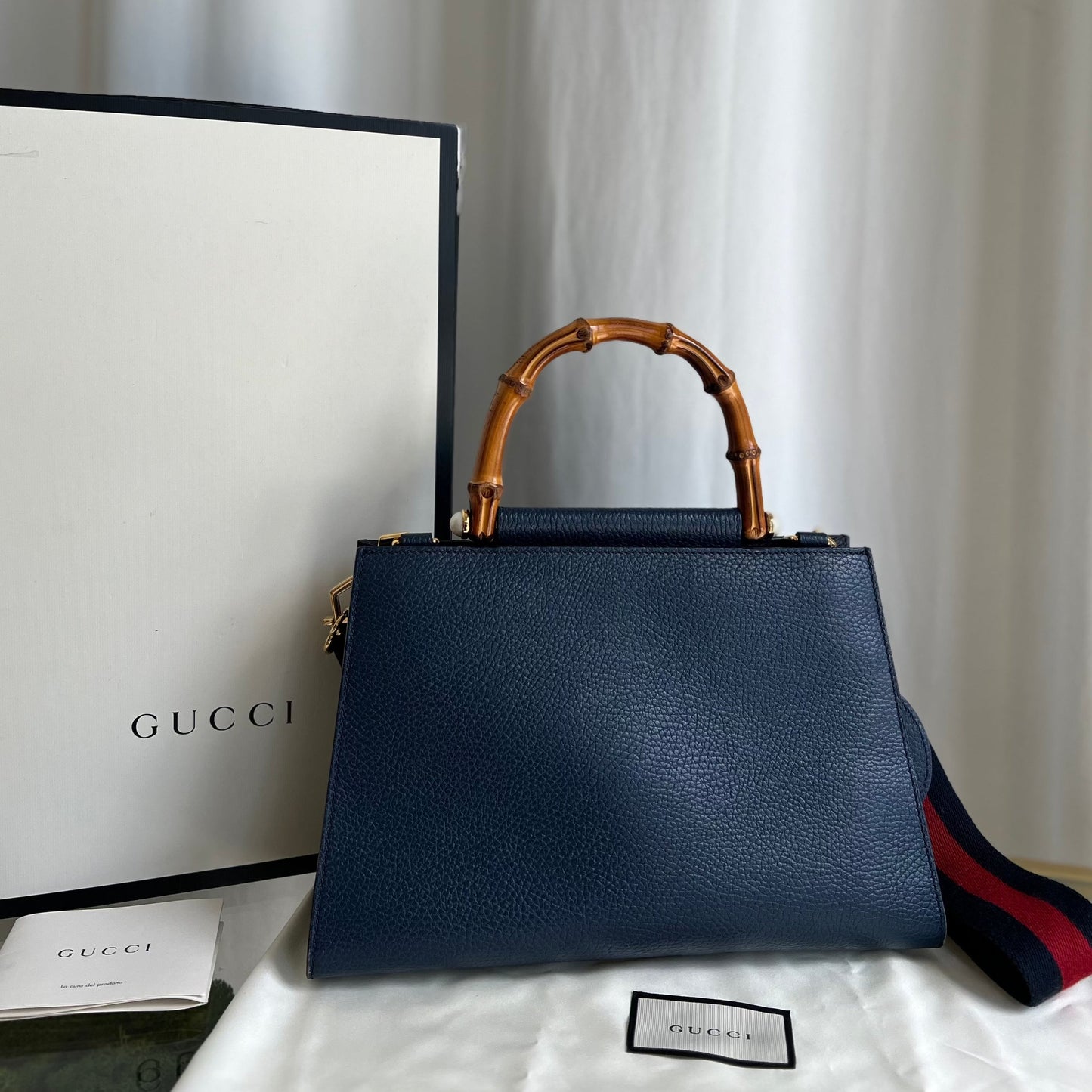 GUCCI Navy Blue Leather Nymphaea Top Handle Satchel