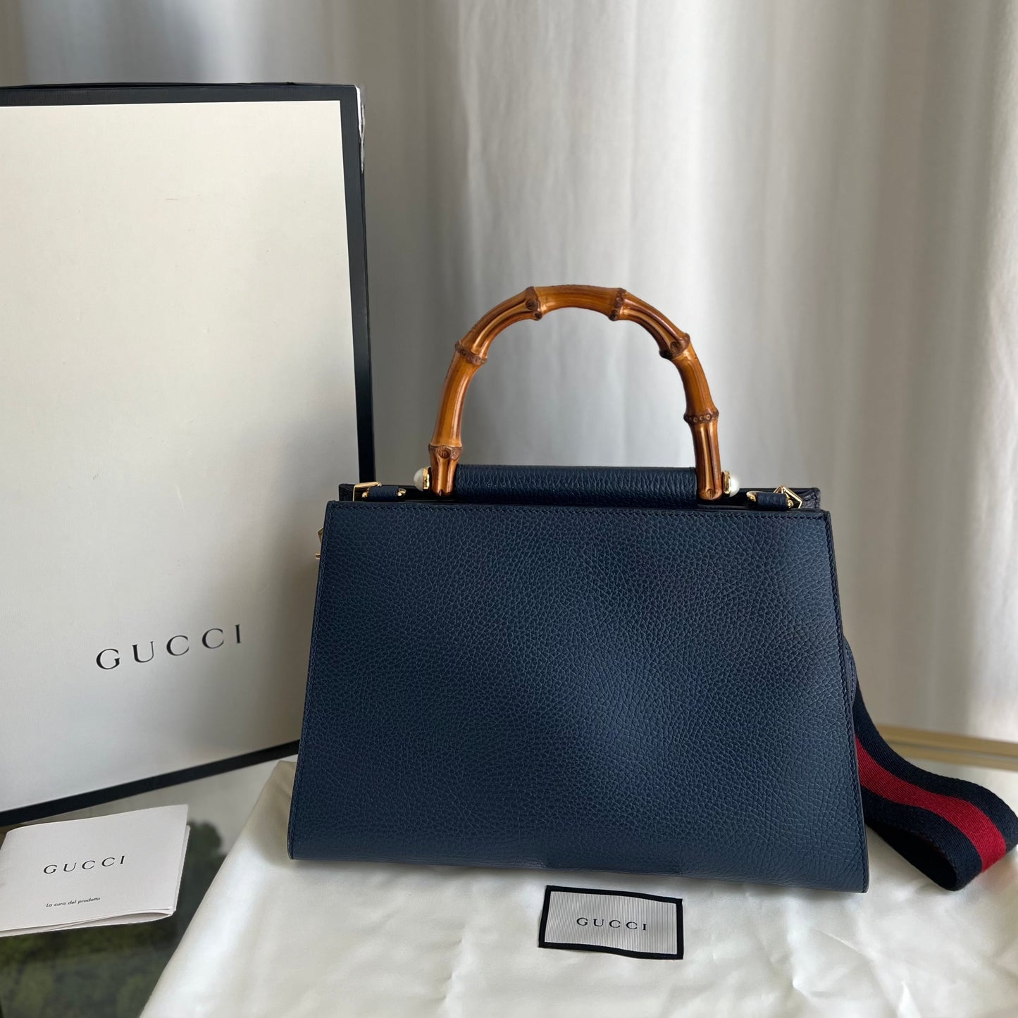 GUCCI Navy Blue Leather Nymphaea Top Handle Satchel