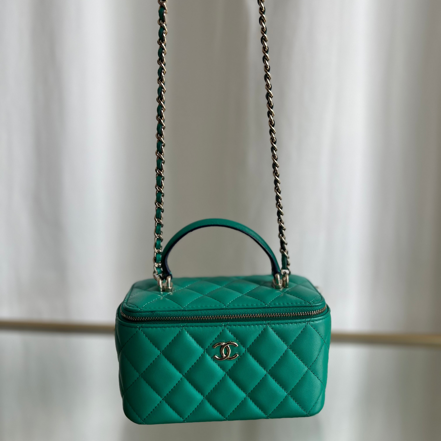 CHANEL Green Quilted Leather Chain Two Way Shoulder and Vanity Bag