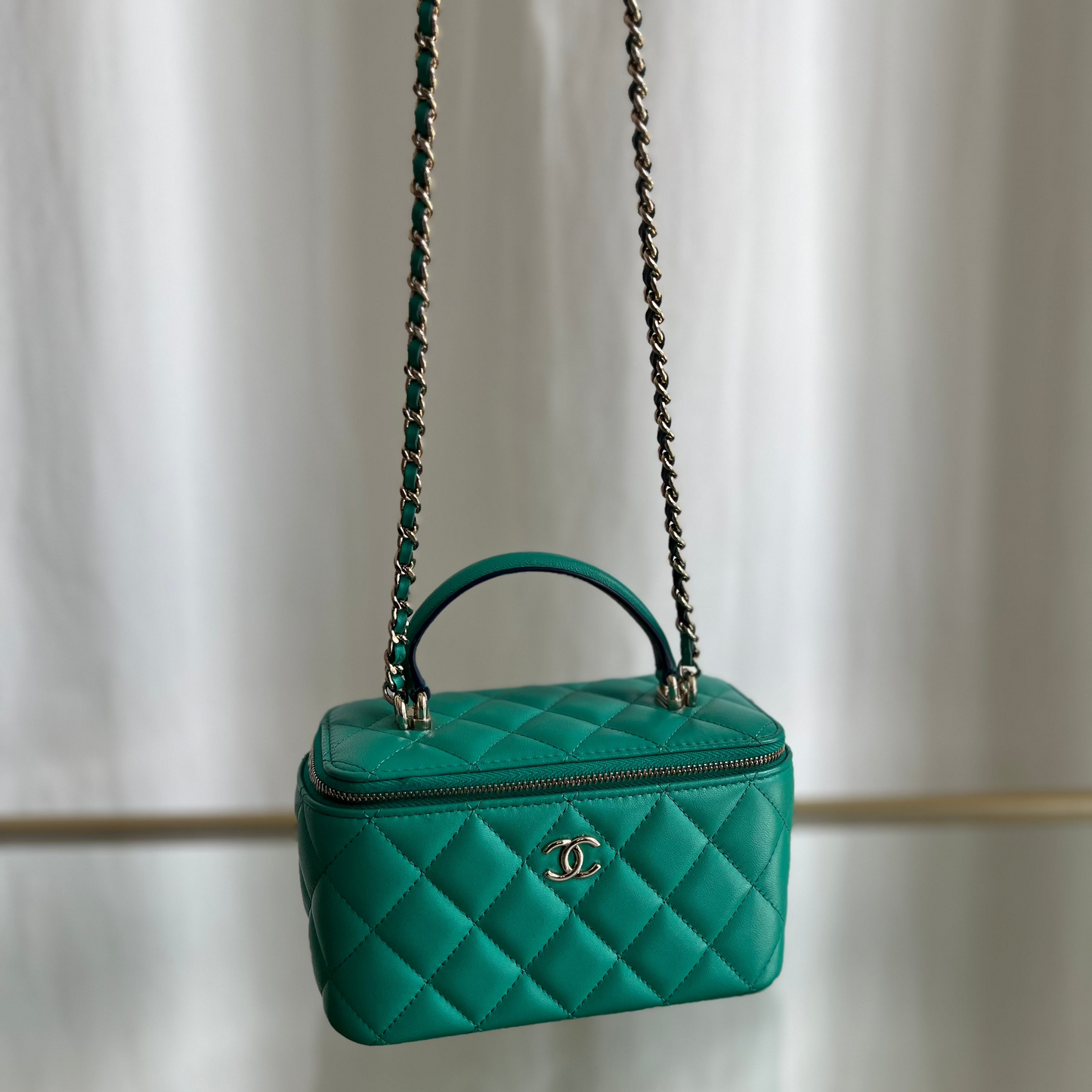 CHANEL Green Quilted Leather Chain Two Way Shoulder and Vanity Bag