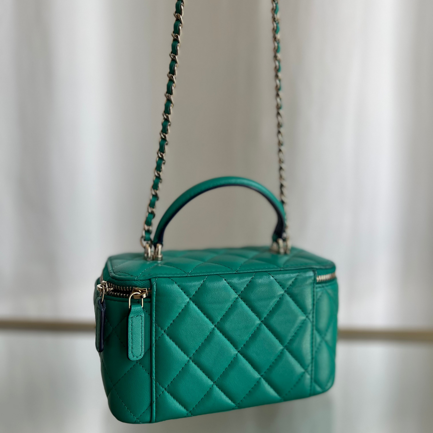 CHANEL Green Quilted Leather Chain Two Way Shoulder and Vanity Bag