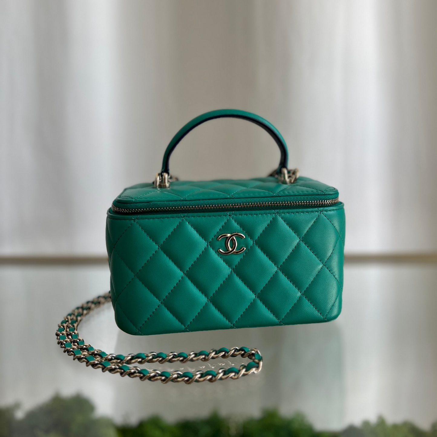 CHANEL Green Quilted Leather Chain Two Way Shoulder and Vanity Bag