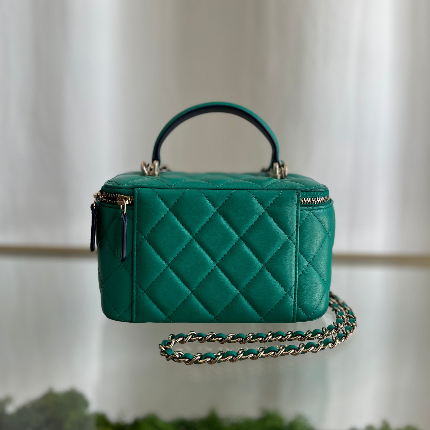 CHANEL Green Quilted Leather Chain Two Way Shoulder and Vanity Bag