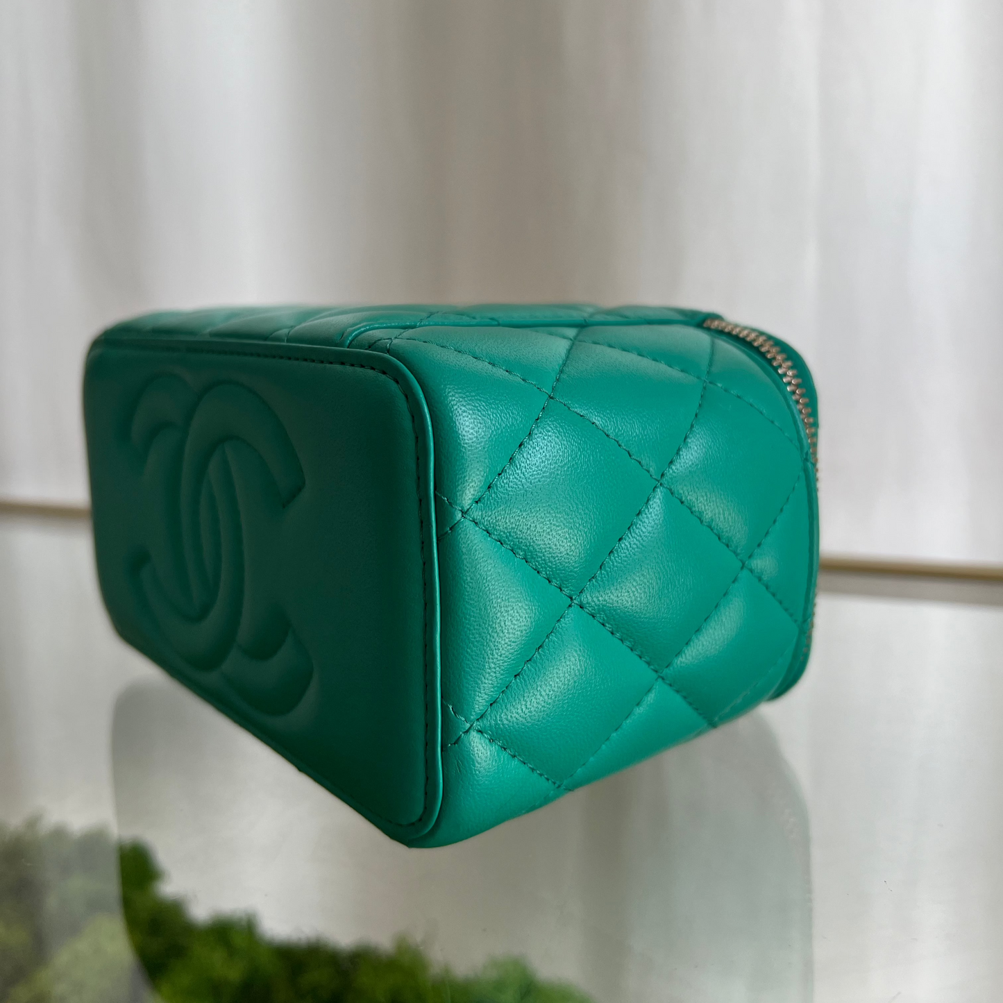 CHANEL Green Quilted Leather Chain Two Way Shoulder and Vanity Bag