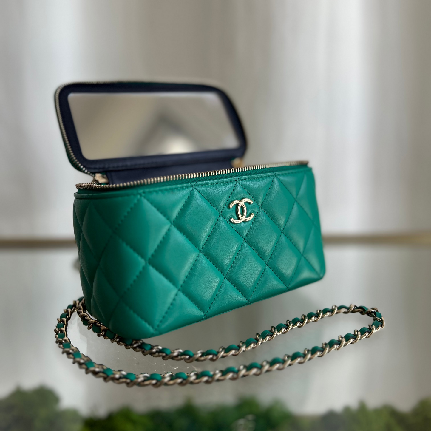 CHANEL Green Quilted Leather Chain Two Way Shoulder and Vanity Bag