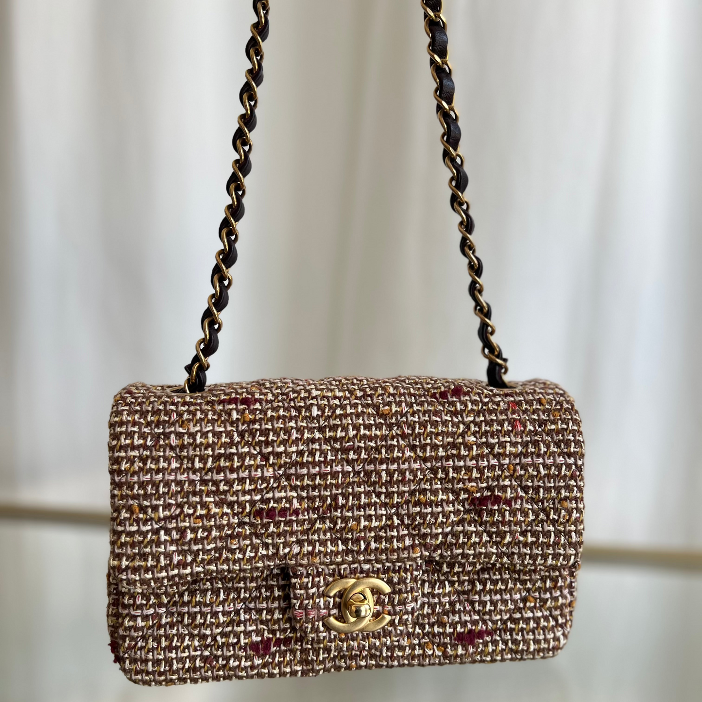 CHANEL Brown Matelasse Tweed Mini Shoulder Bag