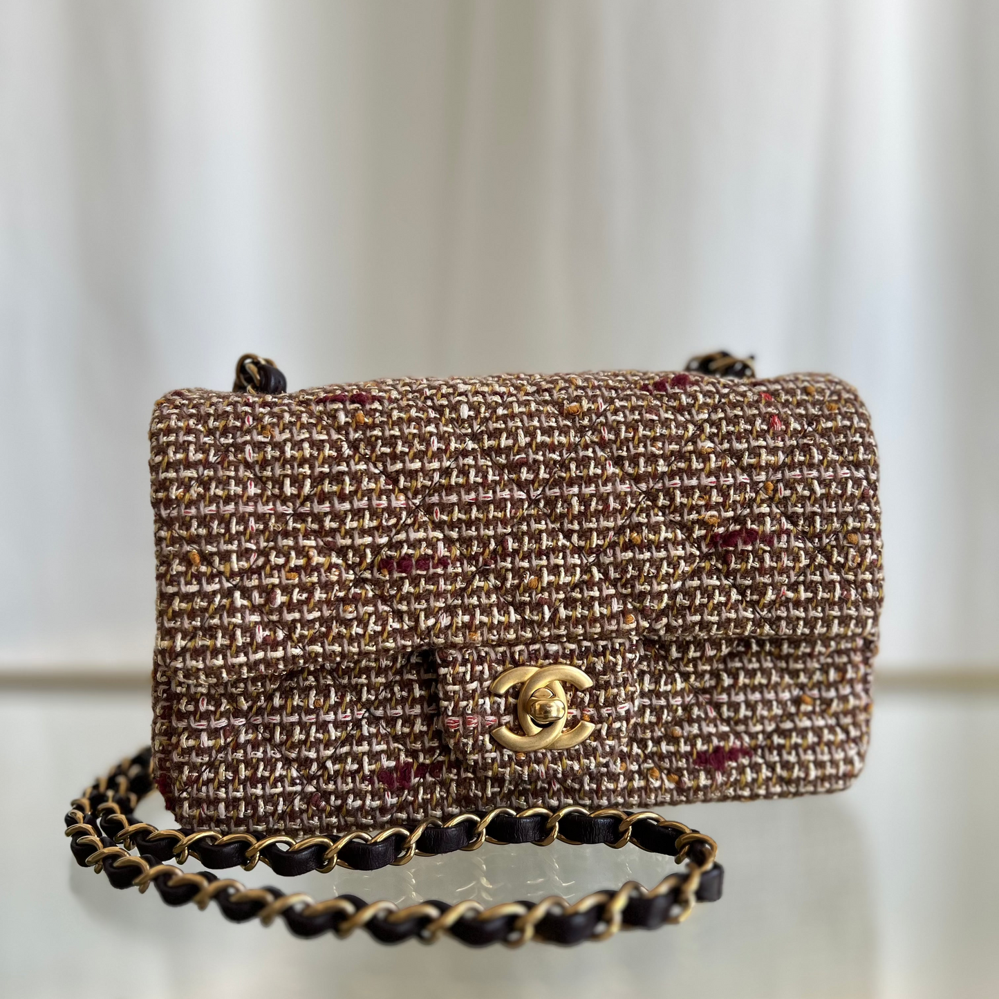 CHANEL Brown Matelasse Tweed Mini Shoulder Bag