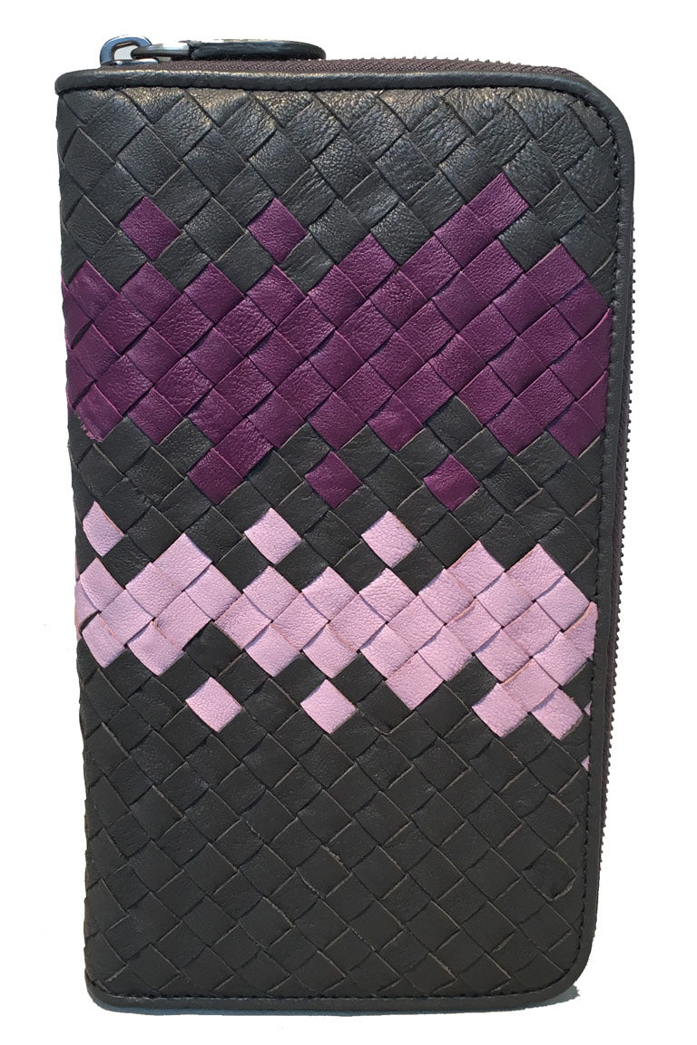 Bottega Veneta Woven Grey and Purple Leather Zip Wallet