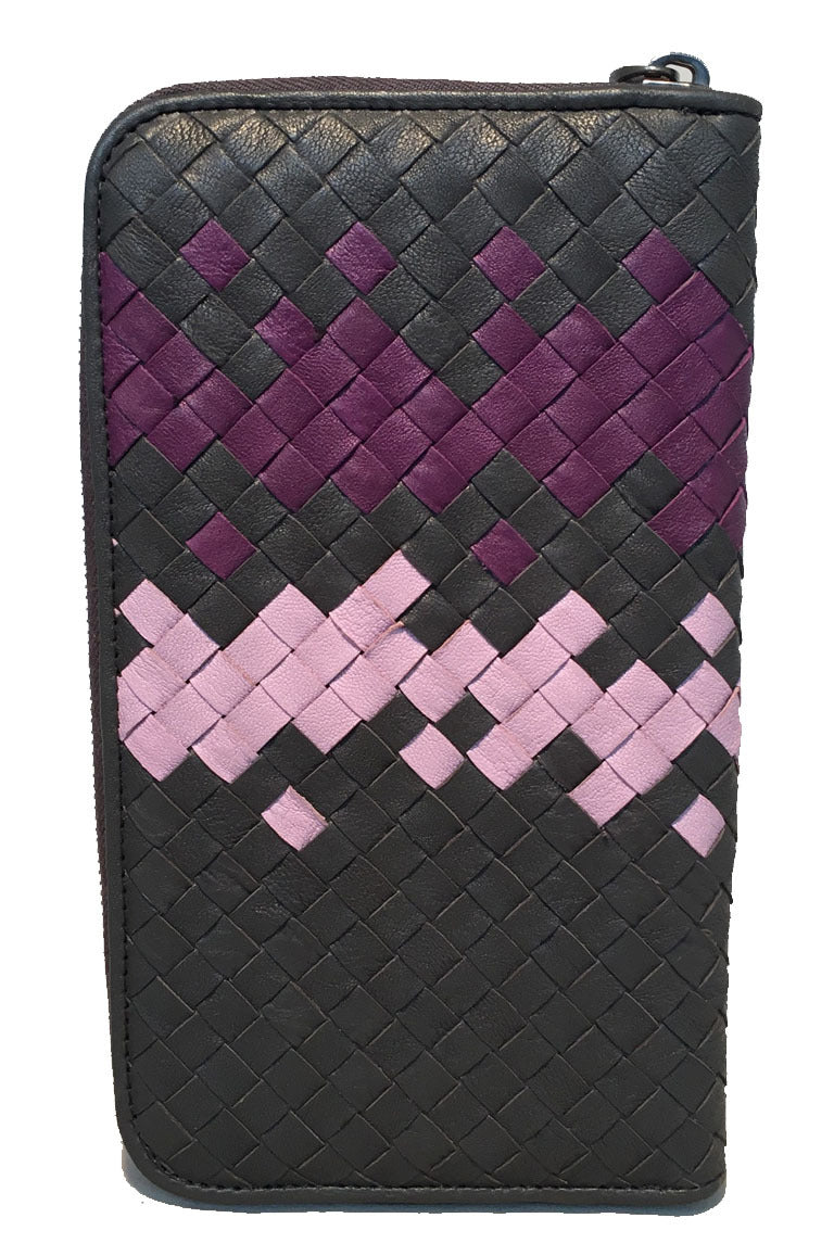 Bottega Veneta Woven Grey and Purple Leather Zip Wallet