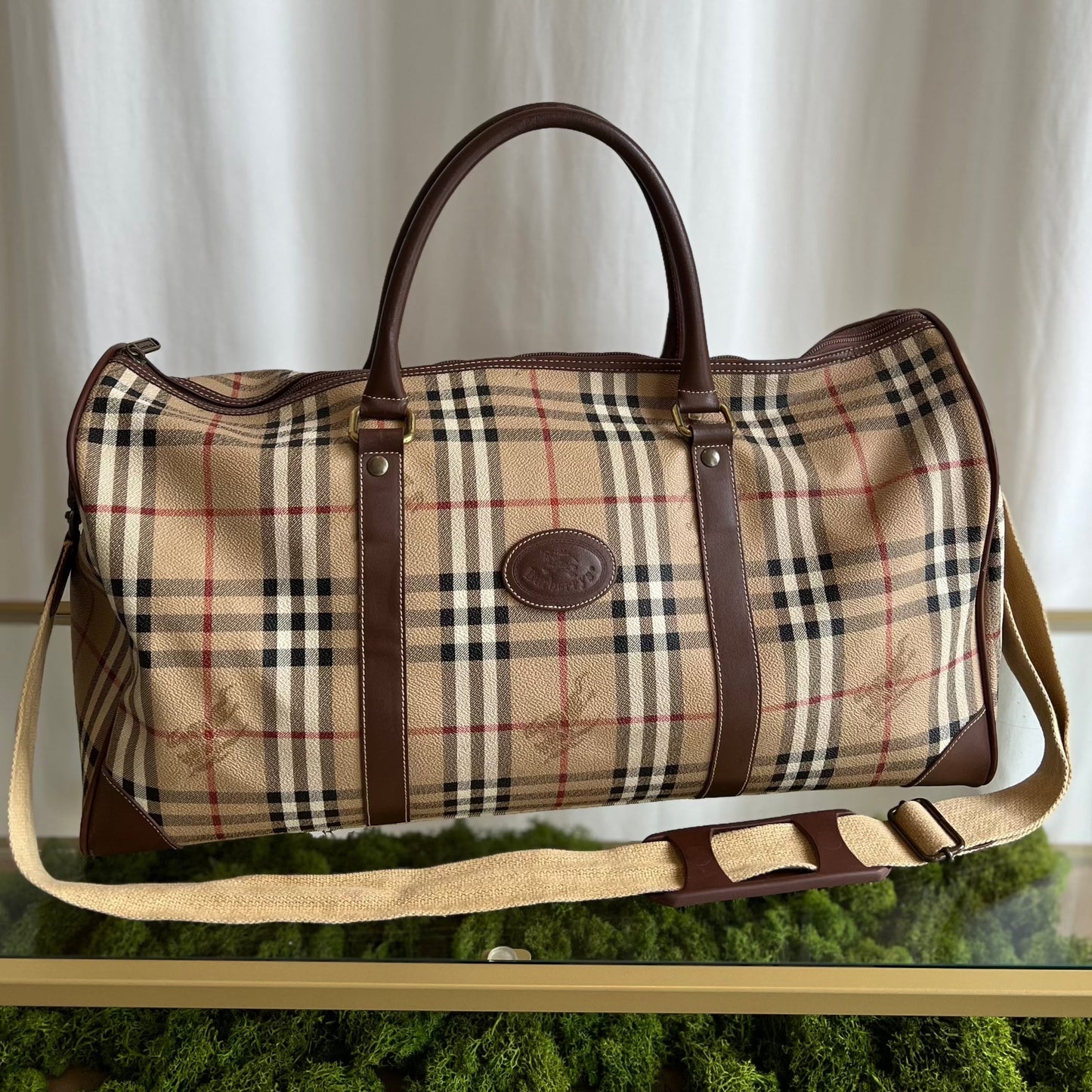 BURBERRY Brown Leather Boston Duffle Bag