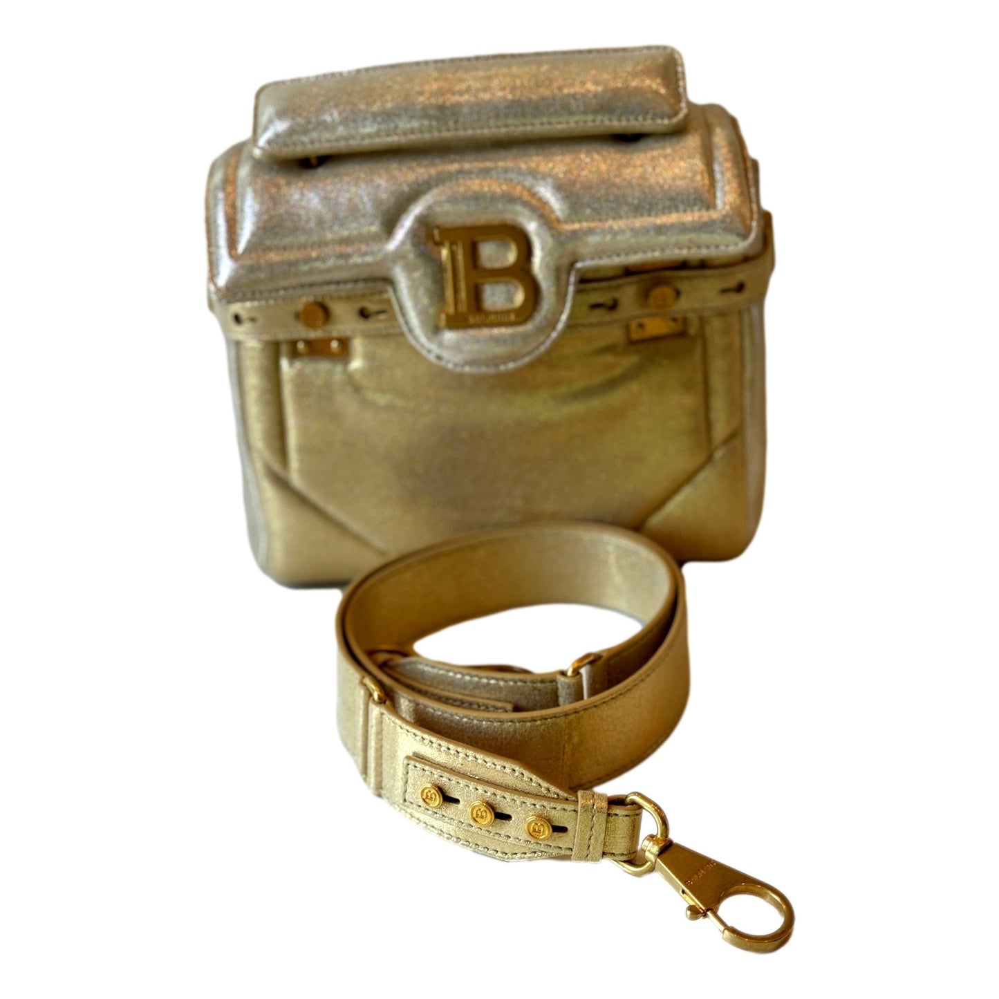 Balmain B-Buzz 23 Metallic Gold Tote Crossbody Shoulder Bag Calf Leather