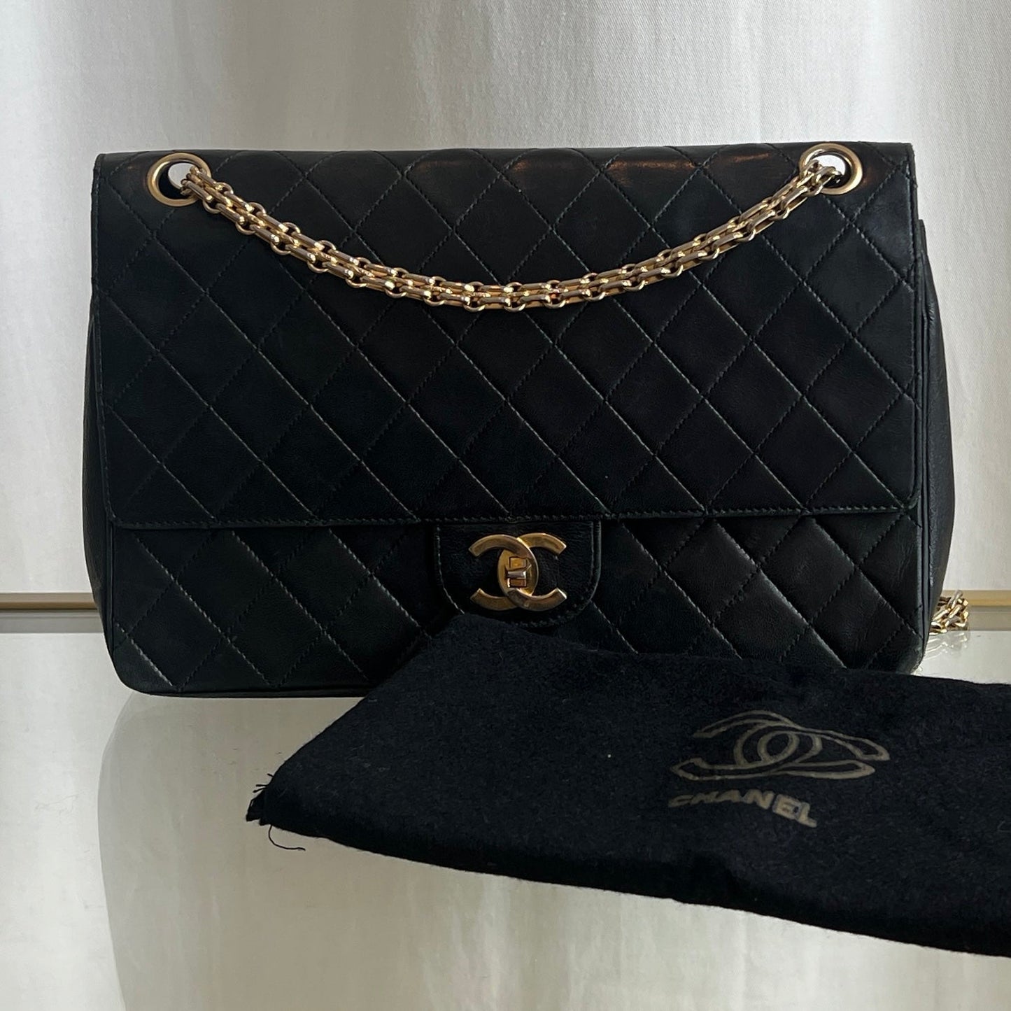 CHANEL Black Leather Quilted Double Flap Chain Shoulder Bag