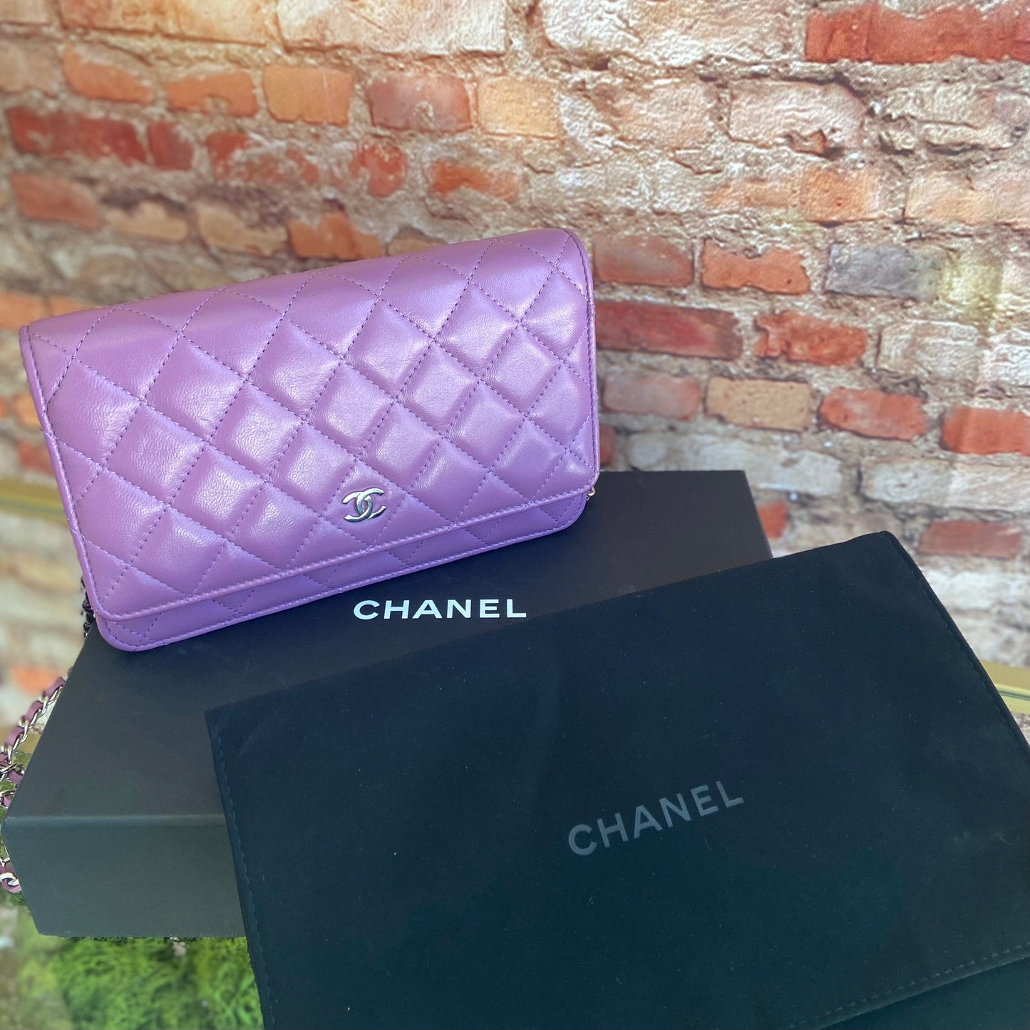 CHANEL Purple Matelasse Lambskin Wallet On Chain