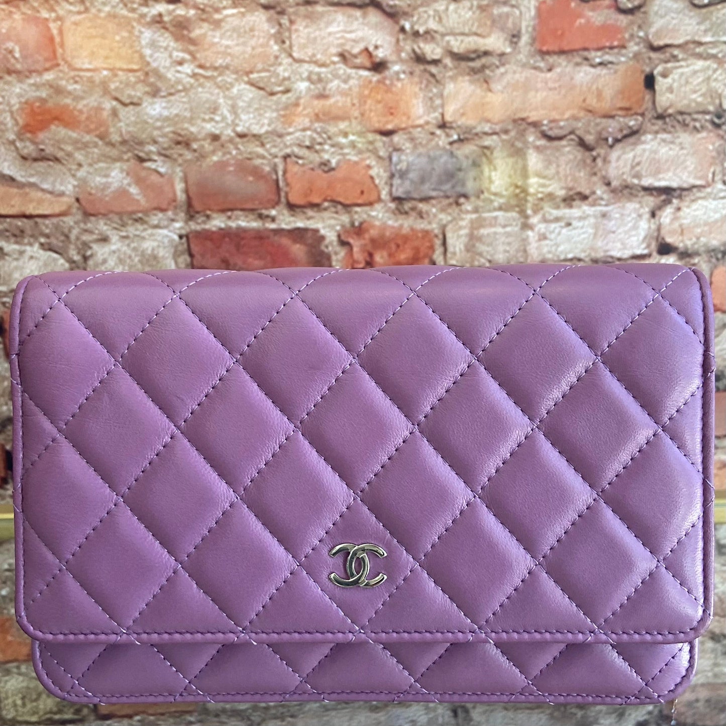 CHANEL Purple Matelasse Lambskin Wallet On Chain