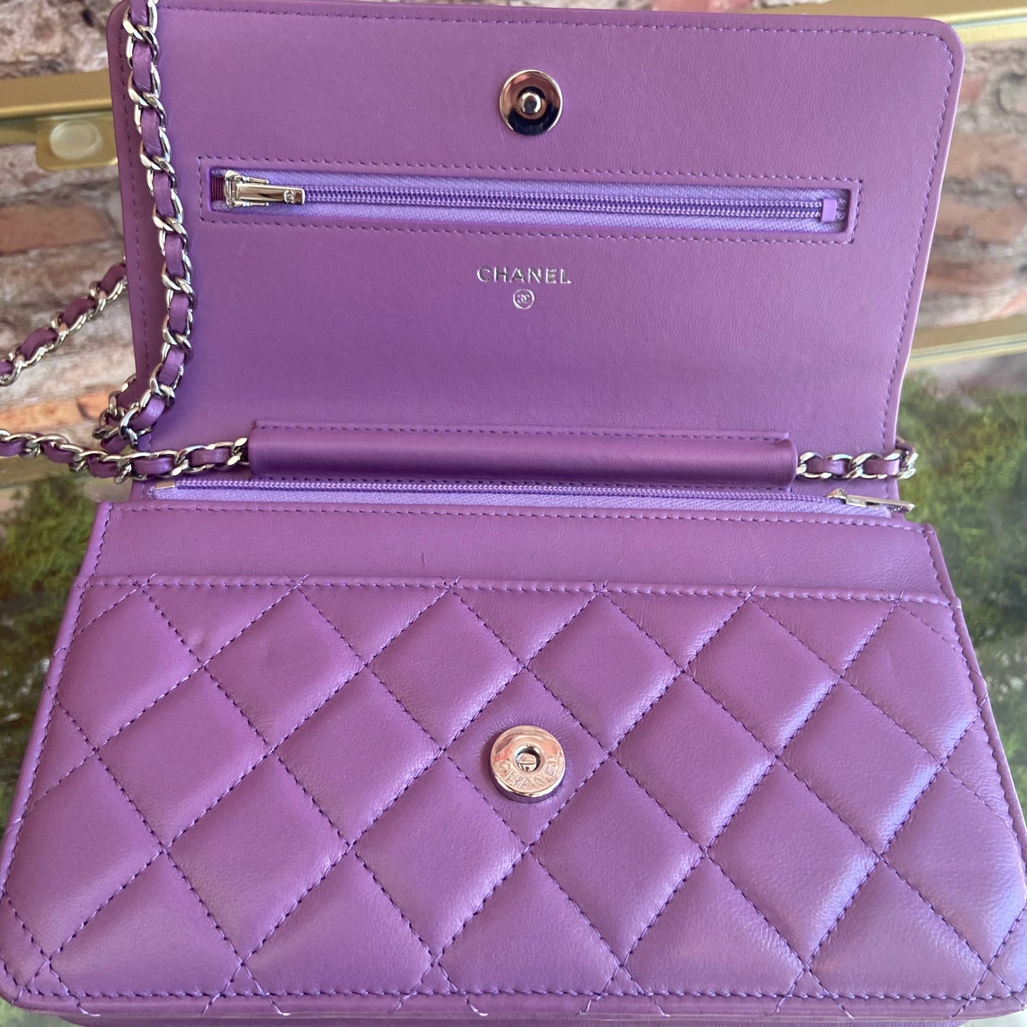 CHANEL Purple Matelasse Lambskin Wallet On Chain