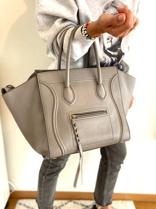 CÉLINE PHANTOM MEDIUM LUGGAGE LEATHER TOTE IN GREY