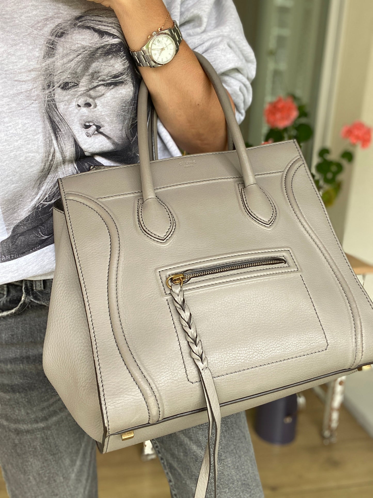 CÉLINE PHANTOM MEDIUM LUGGAGE LEATHER TOTE IN GREY